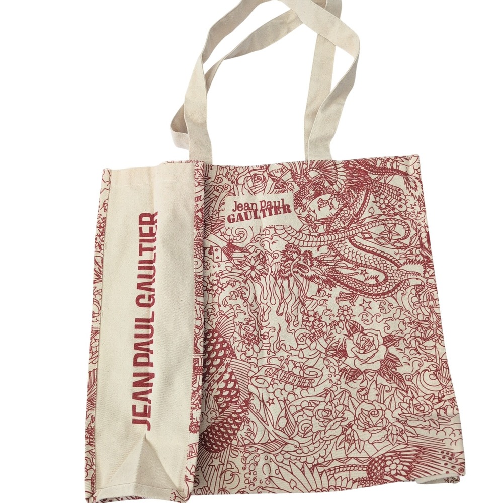 Jean Paul Gaultier Tattoo Print Canvas Tote Bag Red Cream Dragon Koi Fish Rose